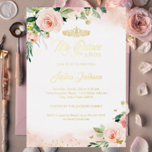 Invitation En Aluminium Mes Quinze Rose Or Fleur Quinceanera Anniversaire