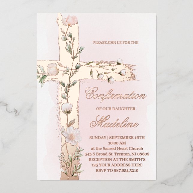 Invitation En Aluminium metallic floral Holy cross Confirmation (Recto)