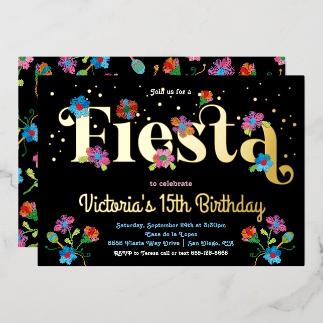 Invitation En Aluminium Mexican Fiesta Birthday Party with embroidery (Recto/Verso)