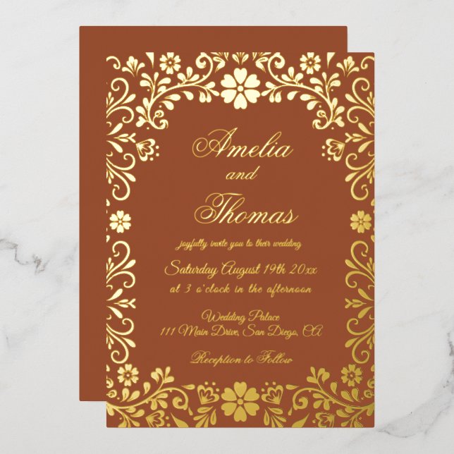 Invitation En Aluminium Mexican Fiesta Terracotta Gold Floral Wedding  (Recto/Verso)