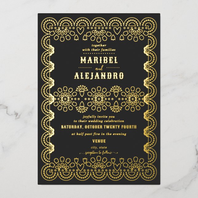 Invitation En Aluminium Mexique Papel Picado Mariage noir floral (Recto)