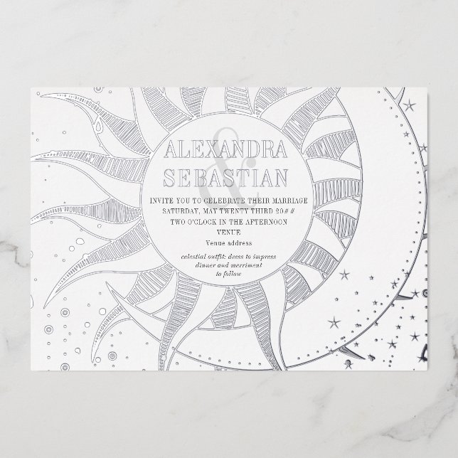 Invitation En Aluminium Midnight Stars Moon Sun Celestin Mariage Argent (Recto)