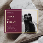 Invitation En Aluminium Miniature élégante photo Automne Marsala Mariage<br><div class="desc">Découvrez la fusion de la tradition et du contact personnel avec nos invitations de mariage sur mesure ! Élégamment aménagé dans une orientation horizontale, le côté gauche de l'invitation marie la beauté intemporelle d'un script élégant à la sophistication classique d'une police serif, préparant la scène pour votre journée spéciale. Mais...</div>