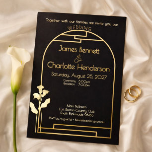 Invitation En Aluminium Minimal Art Nouveau Arc Lys doré Mariage Noir