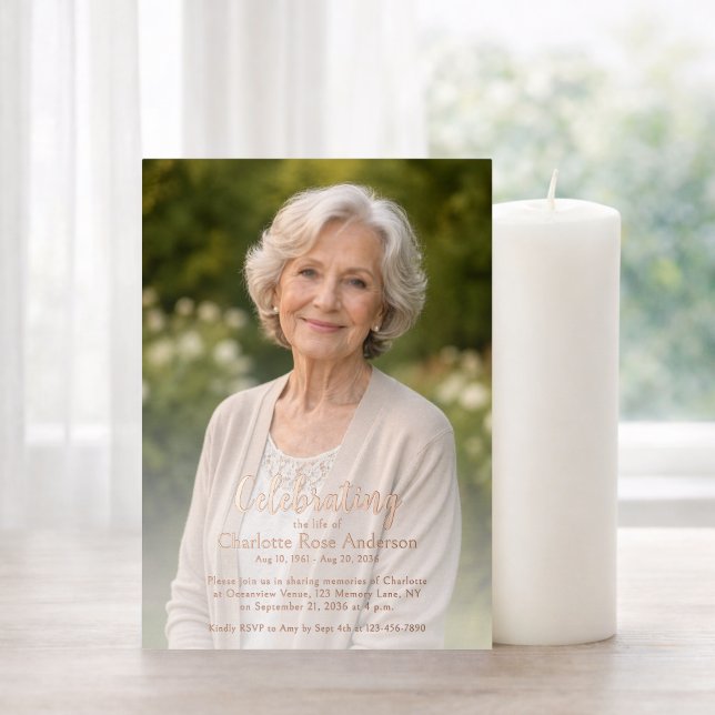 Invitation En Aluminium Minimal Celebration of Life Script Photo Rose Gold (Créateur téléchargé)