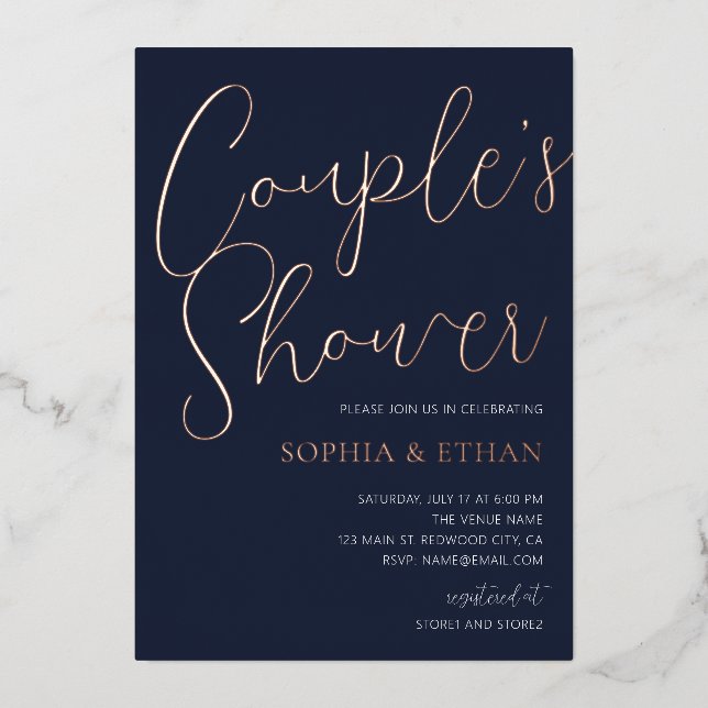 Invitation En Aluminium Minimal Chic Script Bleu Marine Shower de Couple (Recto)