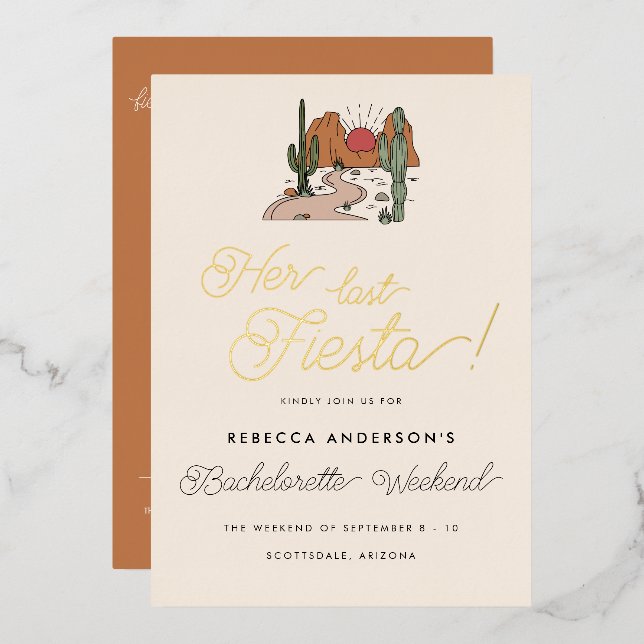 Invitation En Aluminium Minimal Desert Fiesta Bachelorette Weekend Gold (Recto/Verso)
