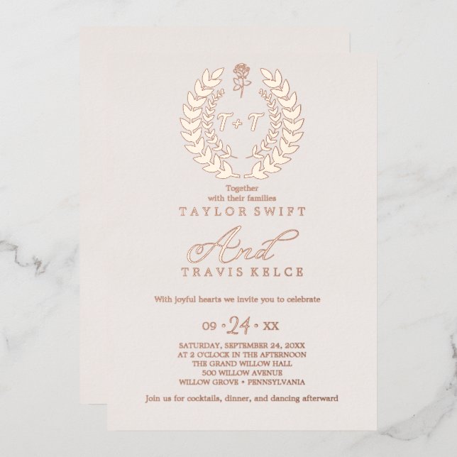 Invitation En Aluminium Minimal Feuille | Mariage Monogramme Feuille d'Or  (Recto/Verso)
