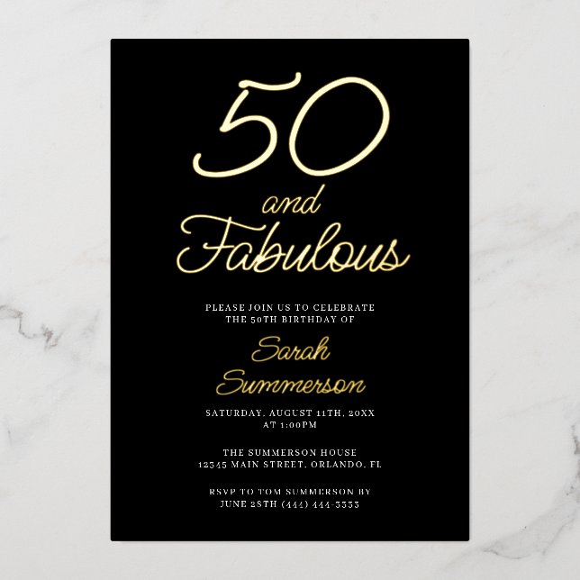 Invitation En Aluminium Minimal Fifty Fabulous Black 50th Birthday Party (Recto)
