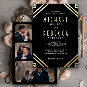 Invitation En Aluminium Minimal géométrique Art Déco Mariage Black Gold