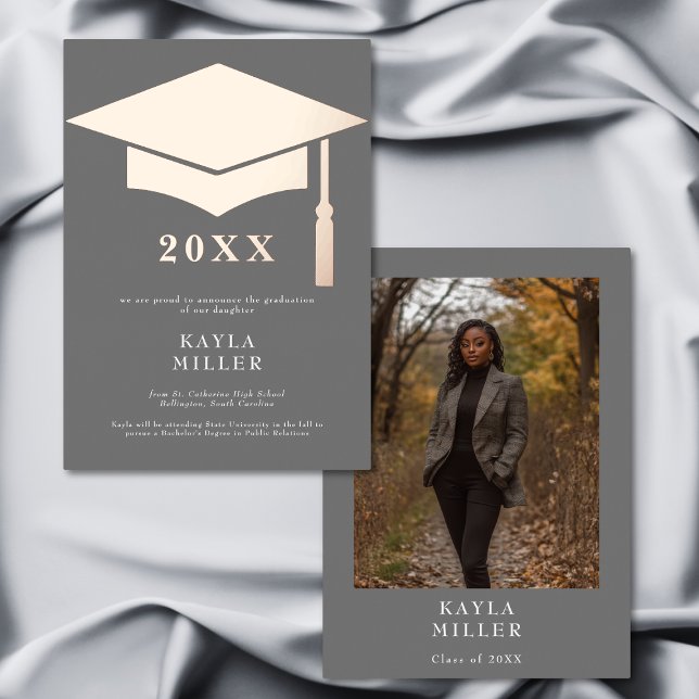 Invitation En Aluminium Minimal Gray White Rose Gold Cap Grad Announcement (Minimal Gray & White Gold Cap Grad Announcement)