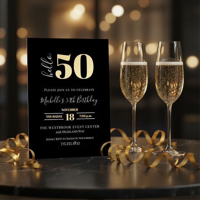 Invitation En Aluminium Minimal Hello 50 Script 50th Birthday Black Gold  (Créateur téléchargé)