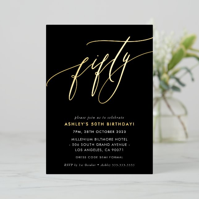Invitation En Aluminium MINIMALIST Calligraphie chic 50e anniversaire or F (Debout devant)