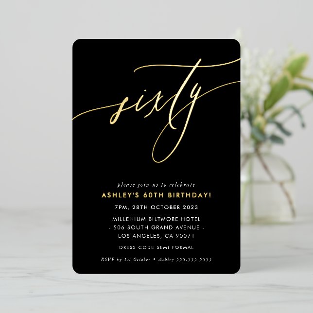 Invitation En Aluminium MINIMALIST Calligraphie chic 60e anniversaire or F (Debout devant)
