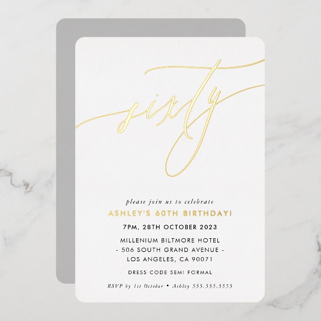 Invitation En Aluminium MINIMALIST Calligraphie chic or 60e anniversaire (Recto/Verso)