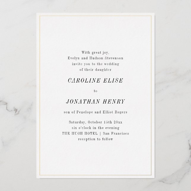 Invitation En Aluminium Minimalist Elegant Black White Serif Wedding Gold (Recto)