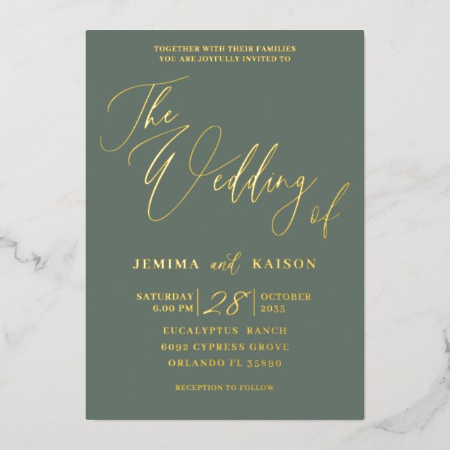 Invitation En Aluminium Minimalist Gold Calligraphy Script Green (Recto)