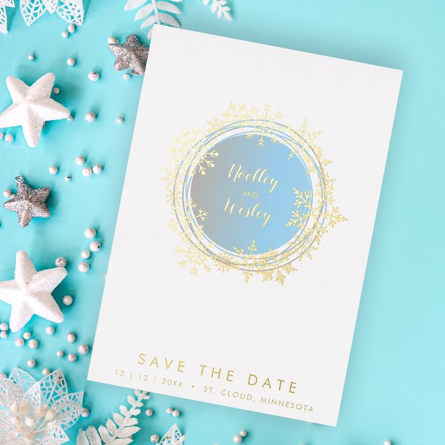 Invitation En Aluminium Minimalist Golden & Blue Snowflake Winter  (Créateur téléchargé)