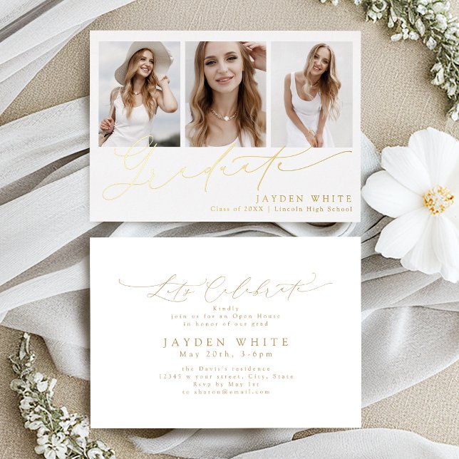 Invitation En Aluminium Minimalist Modern Chic Script 3 Photo Graduation (Minimalist Modern Chic Script 3 Photo Graduation Foil Invitation)