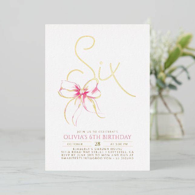 Invitation En Aluminium Minimalist Modern Elegant Pink Bow 6th Birthday (Debout devant)