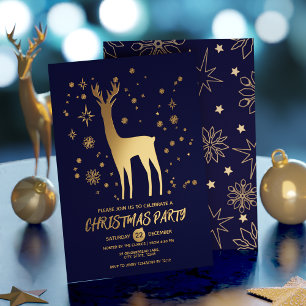 Invitation En Aluminium Minimaliste bleu foncé et or Élégant Cerf Noël