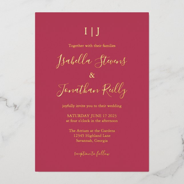 Invitation En Aluminium Minimaliste classique Magenta Rouge Mariage Or Pou (Recto)