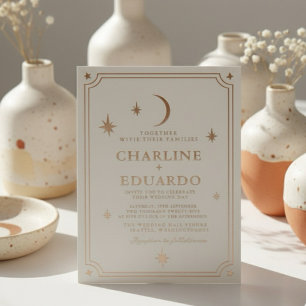 Invitation En Aluminium Minimaliste Lune et étoiles Mariage à huile d'or
