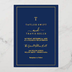 Invitation En Aluminium Minimaliste Or Feuille Noces de Monogramme Bleu