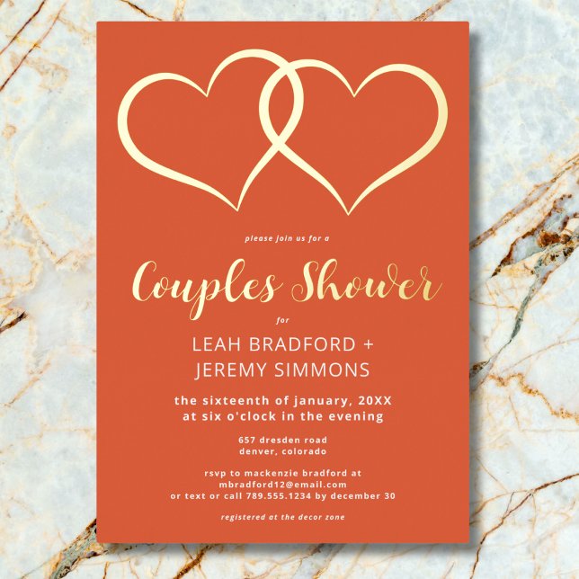 Invitation En Aluminium Minimum Deux Coeurs Coucher de soleil Orange Coupl (Minimal Two Hearts Sunset Orange Couples Shower Foil Invitation)