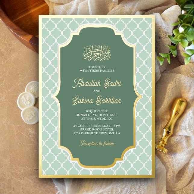 Invitation En Aluminium Mint Green Quatrefoil Motif Musulman Mariage Or (Créateur téléchargé)