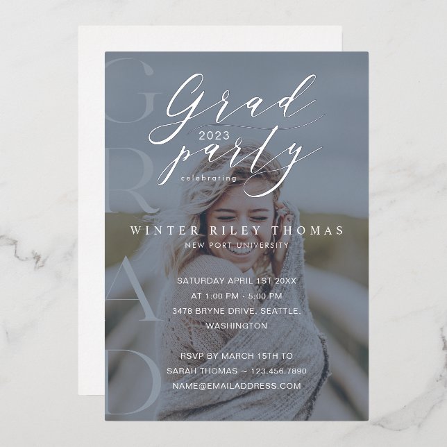 Invitation En Aluminium Minuscule Blue Photo Grad Party Moderne Calligraph (Recto/Verso)