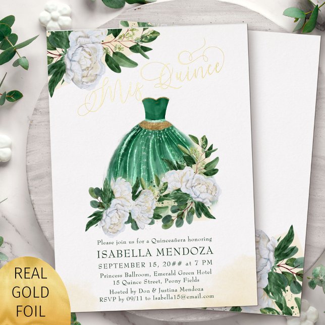 Invitation En Aluminium Mis Quince Emerald Green Princess Quinceanera Gold (Gold foil Mis Quince invitation from my Emerald Greenery and White Peony Collection)