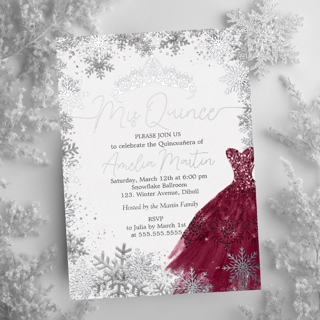 Invitation En Aluminium Mis Quince Snowflake Bourgogne Quinceanera (Créateur téléchargé)