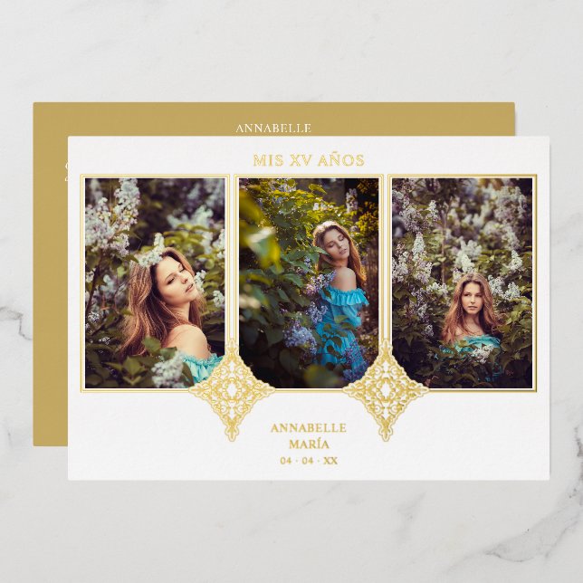 Invitation En Aluminium Mis XV Años Español 3 Fotos Efecto Encaje Dorado (Recto/Verso)