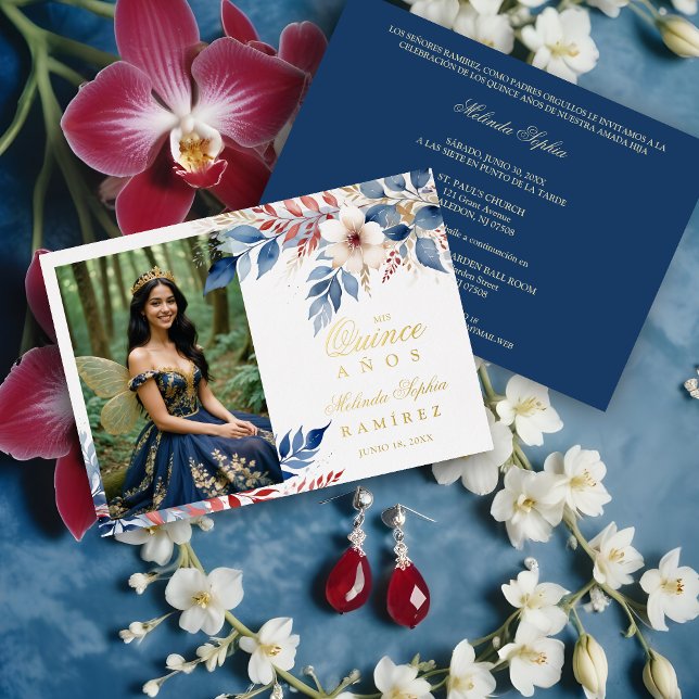 Invitation En Aluminium Mis XV Delicate Blue Red Shades Floral Botanical  (Delicate Blue & Red Shades Floral Botanical Bouquets Photo Quinceañera Metallic Foil Invitation Card)