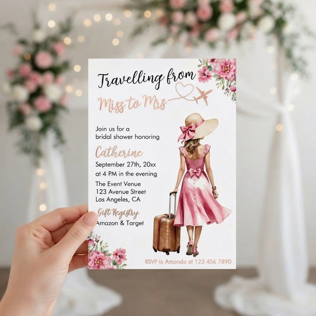 Invitation En Aluminium Miss To Mrs Travel Pink Bow Dress Bridal Shower (Front view traveling from miss to mrs destination wedding bridal shower love journey foil invitation)