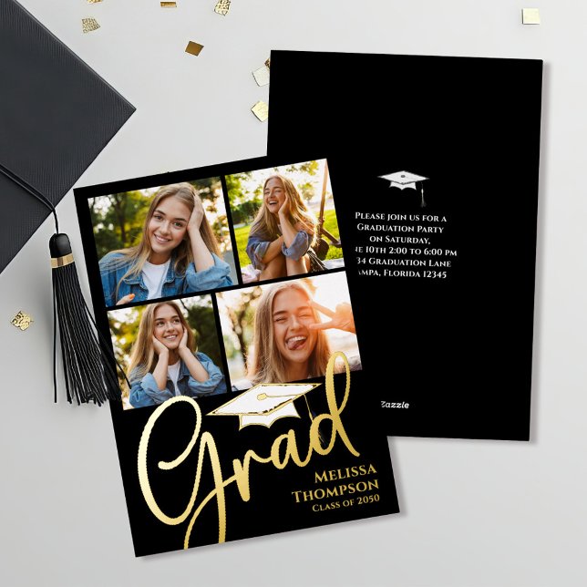 Invitation En Aluminium Modèle de collage de photos de la graduation de sc (Graduation photo collage gold foil invitation announcement. )