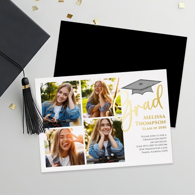 Invitation En Aluminium Modèle de collage de photos de la graduation de sc (Gold script graduation photo collage template foil invitation announcement)