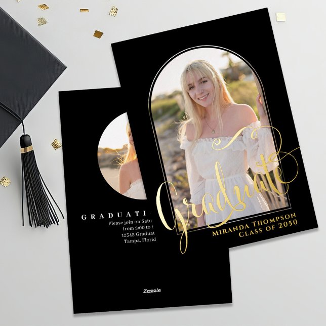 Invitation En Aluminium Modèle de diplôme Gold Script Two Photo (Graduation two photo template invitaiton announcement card.  )