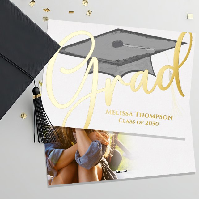 Invitation En Aluminium Modèle photo de graduation de l'or Grad Script (Gold Foil Graduation Invitation Announcement)
