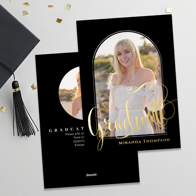 Invitation En Aluminium Modèle photo Gold Script (Gold foil graduation photo invitation announcement card template. )
