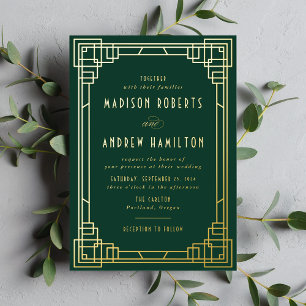 Invitation En Aluminium Modern Art Deco Wedding Green and Gold