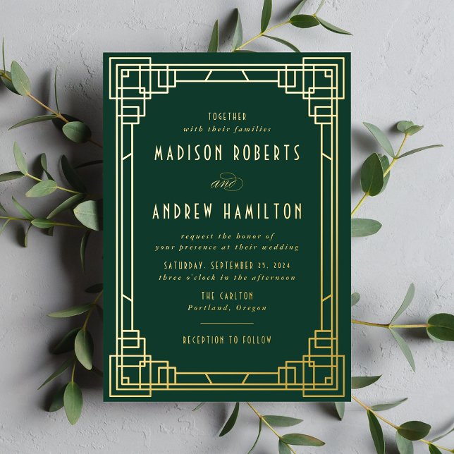 Invitation En Aluminium Modern Art Deco Wedding Green and Gold (Créateur téléchargé)