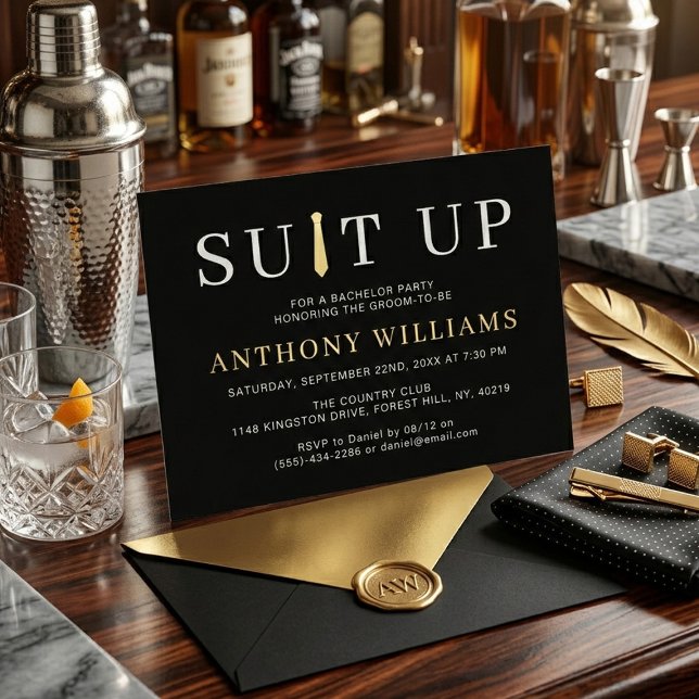 Invitation En Aluminium Modern Black and Gold Suit Up Bachelor Party Real (Créateur téléchargé)