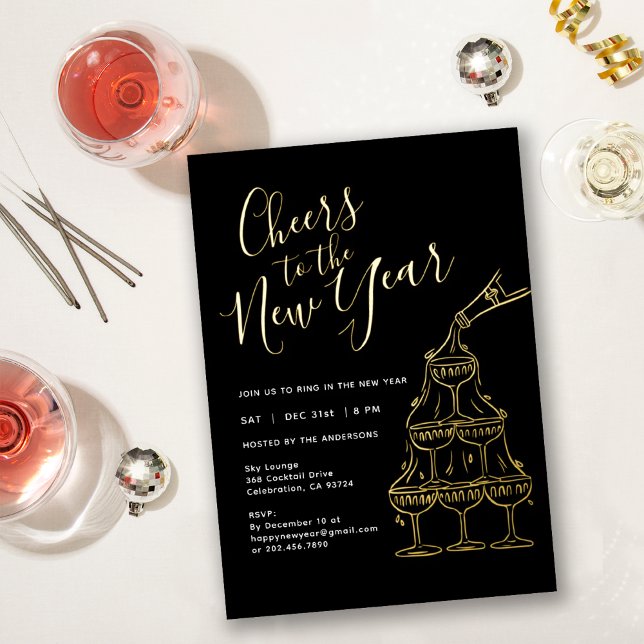 Invitation En Aluminium Modern Black Cheers to the New Year Party  (Créateur téléchargé)