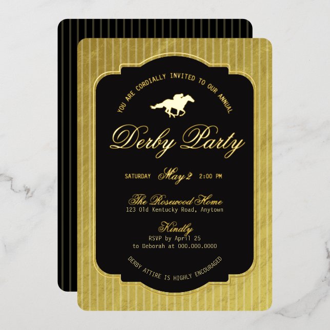 Invitation En Aluminium Modern Black & Gold Horse Race Derby Equestrian (Recto/Verso)