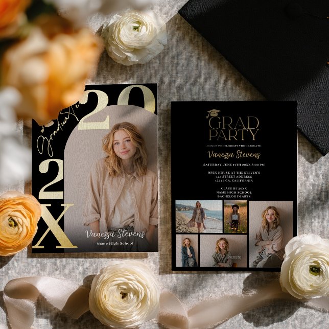 Invitation En Aluminium Modern Bold Gold Black Trendy 6 photos graduation (Modern Bold Gold Black Trendy 6 photos graduation Foil Invitation)