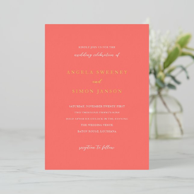 Invitation En Aluminium Modern Bold Vibrant Coral Simple Wedding (Debout devant)