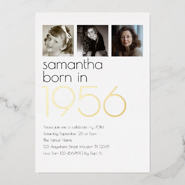 Invitation En Aluminium Modern Born in 1956 4 Photos 70th Birthday Party (Recto)