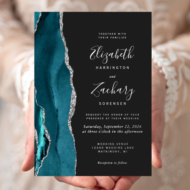 Invitation En Aluminium Modern Dark Teal Silver Agate Wedding (Créateur téléchargé)
